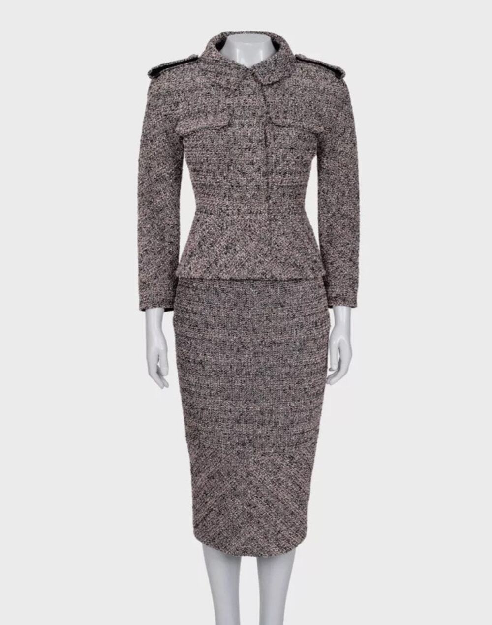 Chanel 2016 Pink Black & Silver Bouclé Wool Skirt Jacket Suit FR34